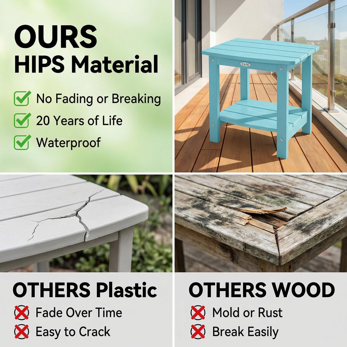 Y&M Adirondack Outdoor Side Table, HIPS Patio End Table, Waterproof Outside Table, Balcony Modern End Tables 23.5" inch Long for Garden, Pool, Beach, Porch, Deck, Indoor or Outdoor Use, Navy Blue