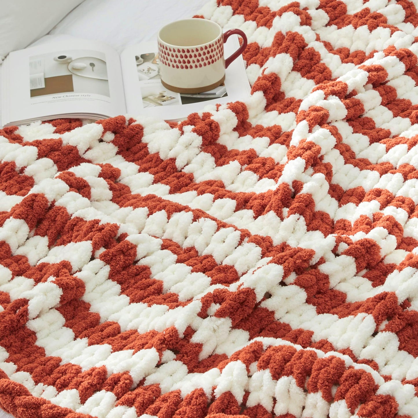 Amélie Home Chunky Knit Throw Blanket for Couch, Soft Chenille Handmade Crochet Throw Rope Knot Blanket for Couch, 50"x60", Space-Dyed Blue Striped
