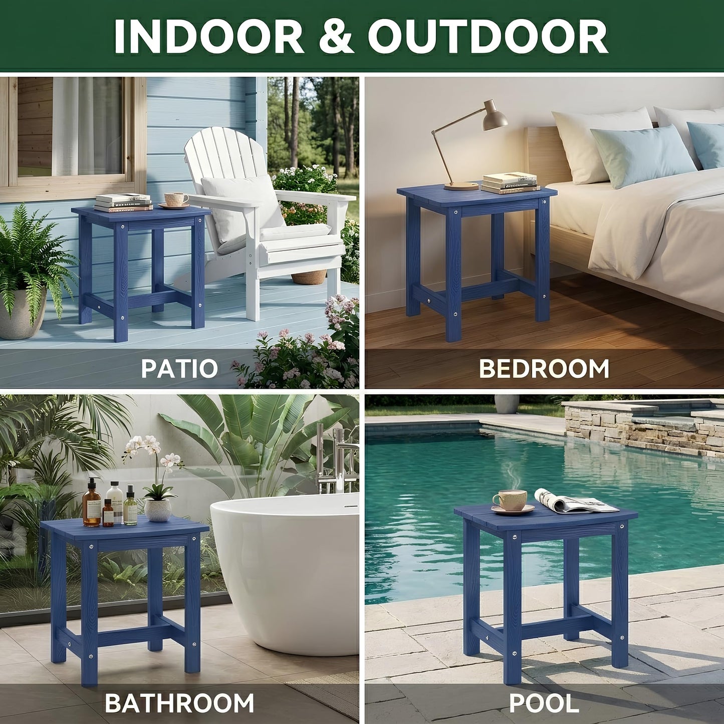 Y&M Adirondack Outdoor Side Table, HIPS Patio End Table, Waterproof Outside Table, Balcony Modern End Tables 23.5" inch Long for Garden, Pool, Beach, Porch, Deck, Indoor or Outdoor Use, Navy Blue