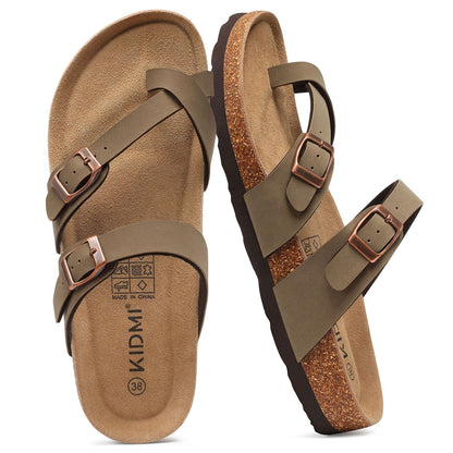 KIDMI Women's Cork Footbed Sandals with Toe Loop, Comfortable Summer Slip-On Slides with Adjustable Buckle