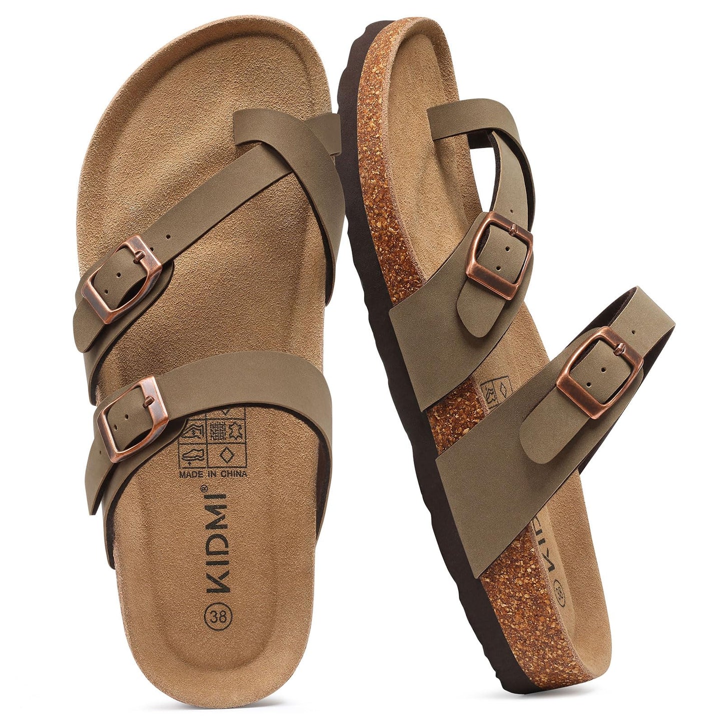 KIDMI Women's Cork Footbed Sandals with Toe Loop, Comfortable Summer Slip-On Slides with Adjustable Buckle