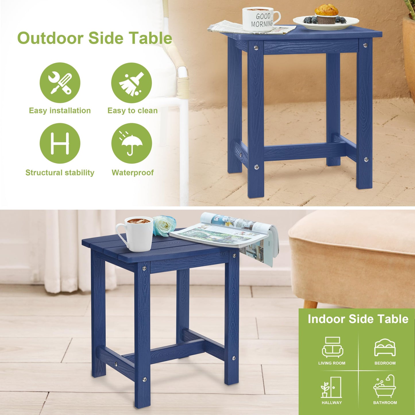 Y&M Adirondack Outdoor Side Table, HIPS Patio End Table, Waterproof Outside Table, Balcony Modern End Tables 23.5" inch Long for Garden, Pool, Beach, Porch, Deck, Indoor or Outdoor Use, Navy Blue