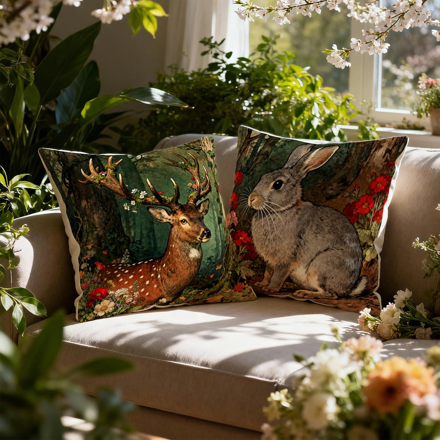 Set of 4 Forest Animals Throw Pillow Covers 18x18 Inch,Deer Fox Rabbit Hedgehog Pillow Covers,Woodland Forest Animal Cushion Case for Outdoor Indoor Living Room Sofa Patio Bedroom Decor