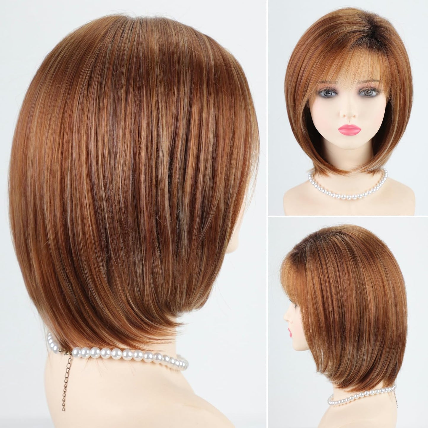 RENERSHOW Medium Length Bob Wigs for White Women Layered Blonde Highlight Straight Pixie Bob Wig with Bangs Heat Synthetic Natural Daily Party Wig 12inch Average Size Wig