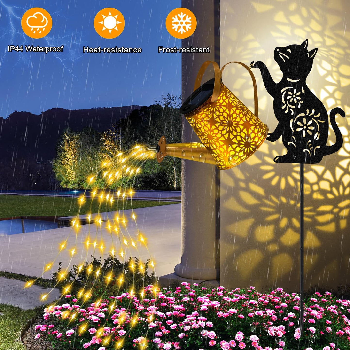Solar Lights Outdoor Decorative, Watering Can with Cascading Lights, with Dog Silhouette Garden Stakes, Gifts for Mom Women, Waterproof Metal Garden Decor for Yard Art, Outside(1 Pack)