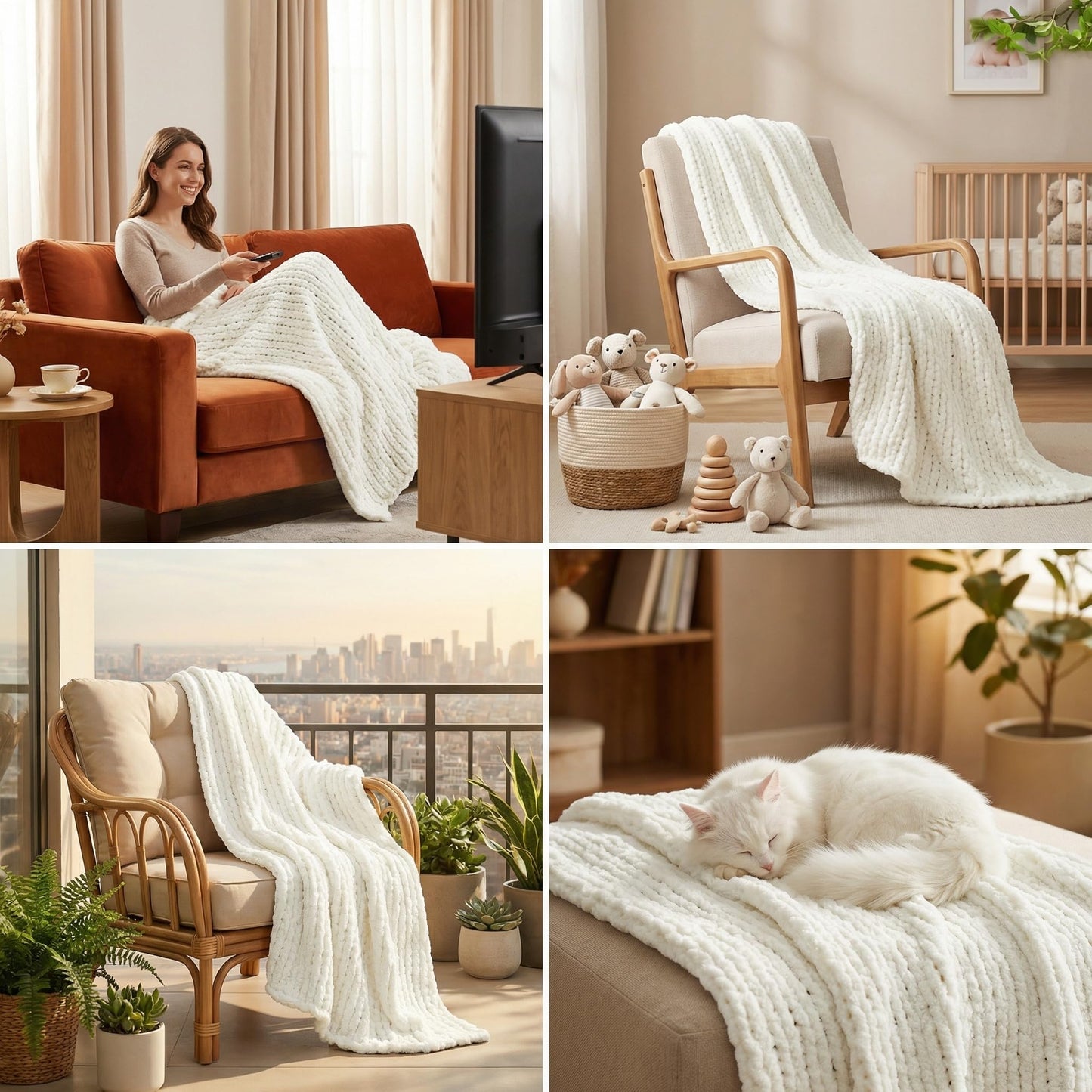 Amélie Home Chunky Knit Throw Blanket for Couch, Soft Chenille Handmade Crochet Throw Rope Knot Blanket for Couch, 50"x60", Space-Dyed Blue Striped