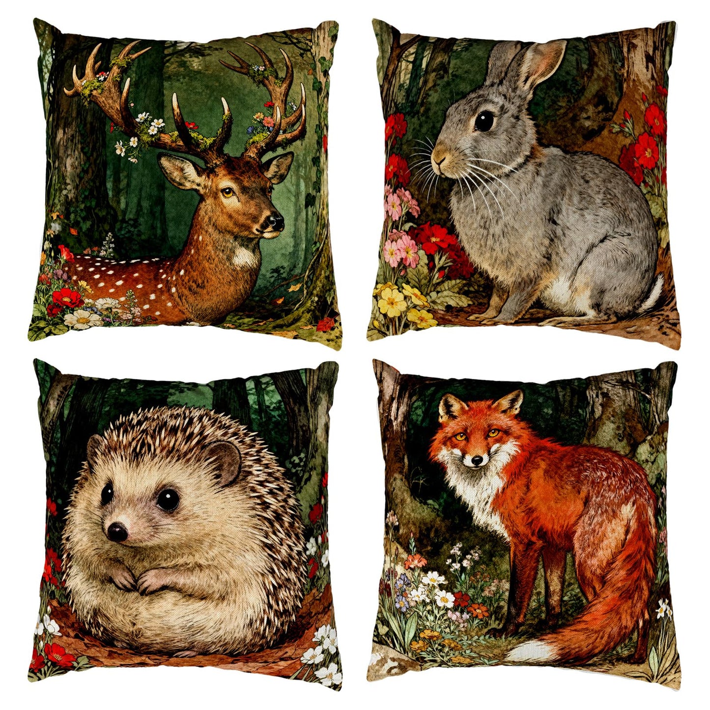 Set of 4 Forest Animals Throw Pillow Covers 18x18 Inch,Deer Fox Rabbit Hedgehog Pillow Covers,Woodland Forest Animal Cushion Case for Outdoor Indoor Living Room Sofa Patio Bedroom Decor