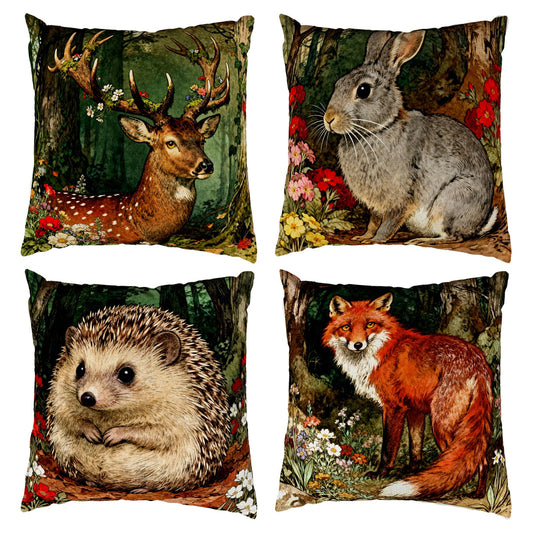 Set of 4 Forest Animals Throw Pillow Covers 18x18 Inch,Deer Fox Rabbit Hedgehog Pillow Covers,Woodland Forest Animal Cushion Case for Outdoor Indoor Living Room Sofa Patio Bedroom Decor