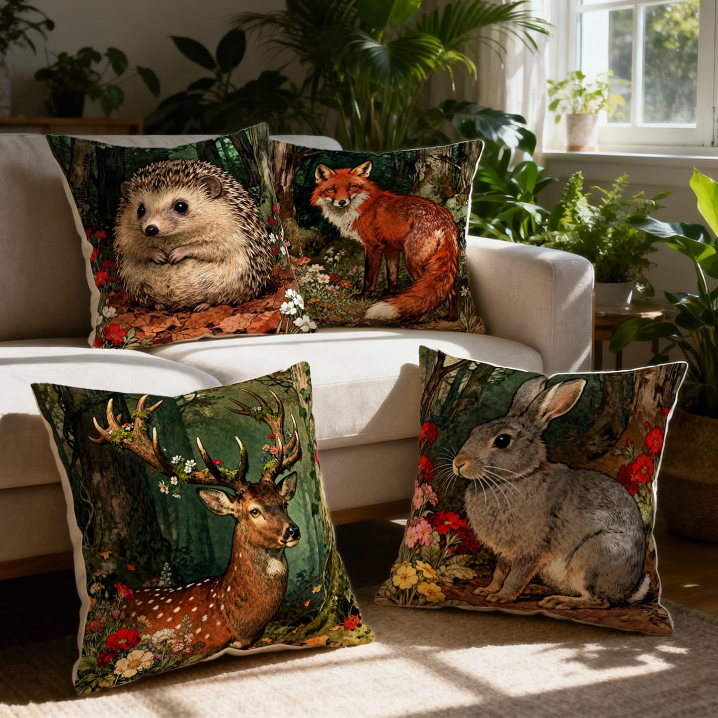 Set of 4 Forest Animals Throw Pillow Covers 18x18 Inch,Deer Fox Rabbit Hedgehog Pillow Covers,Woodland Forest Animal Cushion Case for Outdoor Indoor Living Room Sofa Patio Bedroom Decor