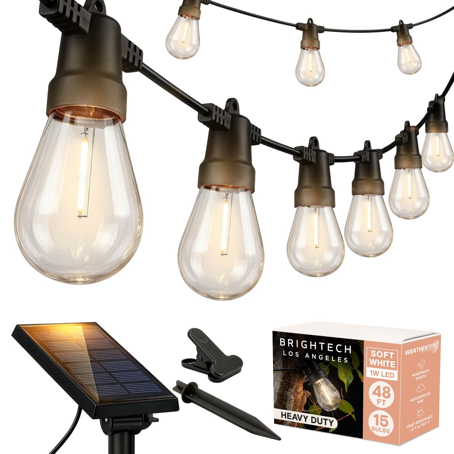 Brightech Ambience Pro Solar Powered Outdoor String Lights -27 ft Commercial Grade Waterproof Edison Patio Lights, Shatterproof LED String Lights for Outside, Porch - 12 Bulbs, 1W Soft White