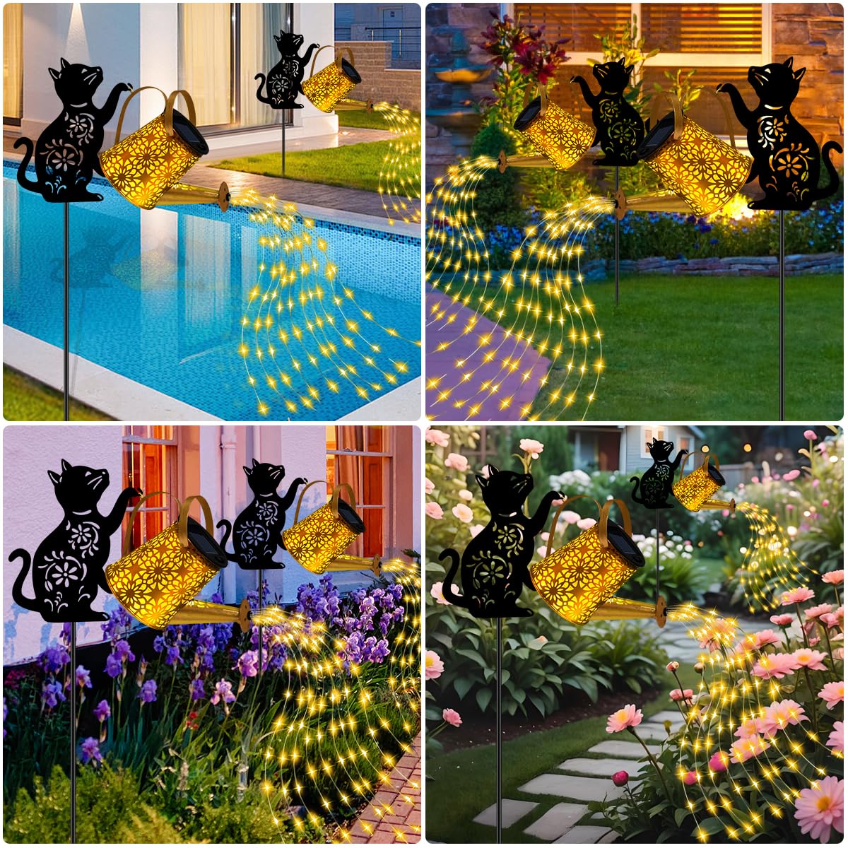 Solar Lights Outdoor Decorative, Watering Can with Cascading Lights, with Dog Silhouette Garden Stakes, Gifts for Mom Women, Waterproof Metal Garden Decor for Yard Art, Outside(1 Pack)