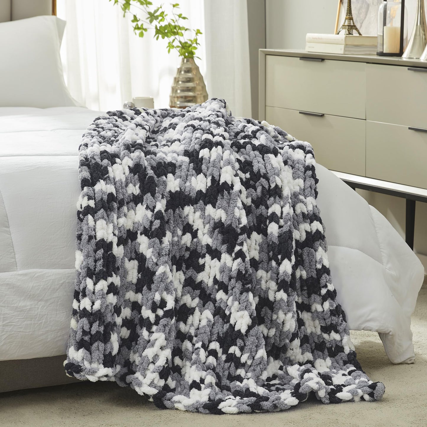 Amélie Home Chunky Knit Throw Blanket for Couch, Soft Chenille Handmade Crochet Throw Rope Knot Blanket for Couch, 50"x60", Space-Dyed Blue Striped