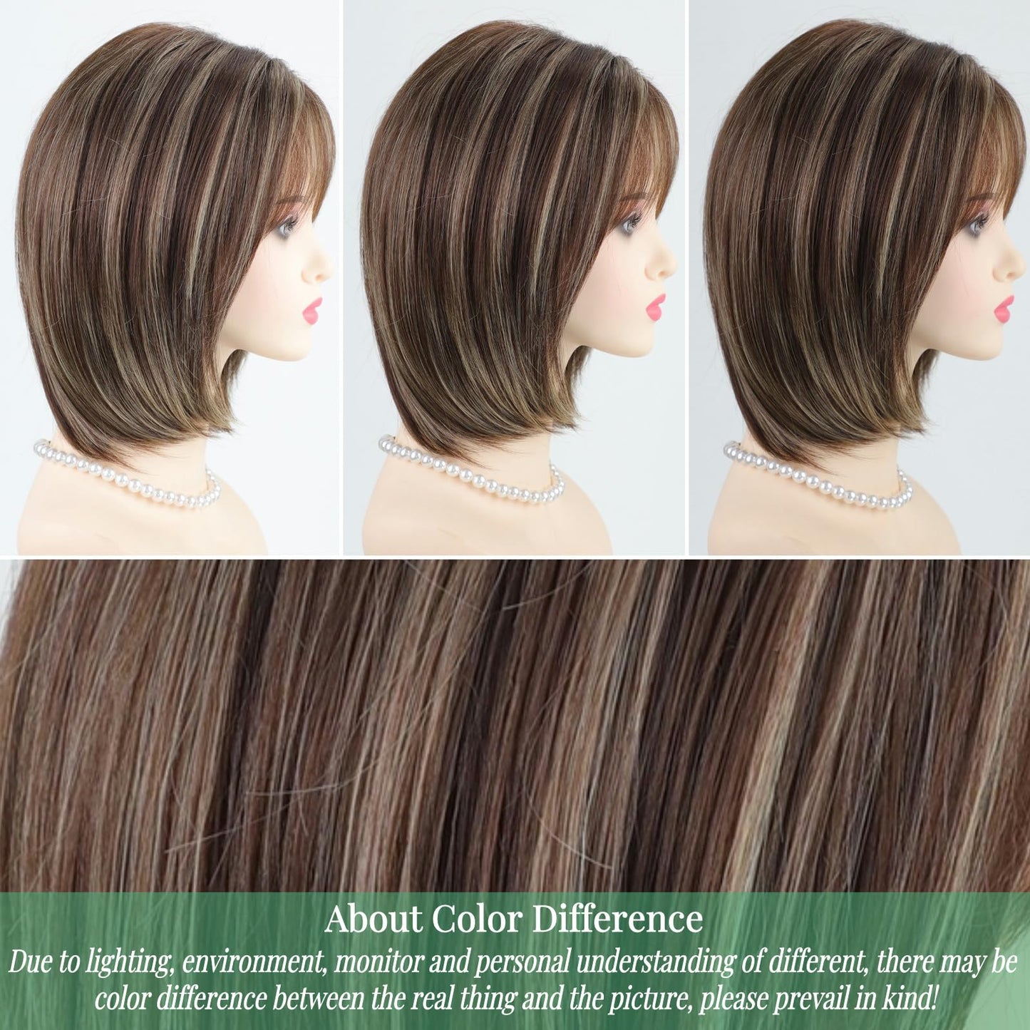 RENERSHOW Medium Length Bob Wigs for White Women Layered Blonde Highlight Straight Pixie Bob Wig with Bangs Heat Synthetic Natural Daily Party Wig 12inch Average Size Wig