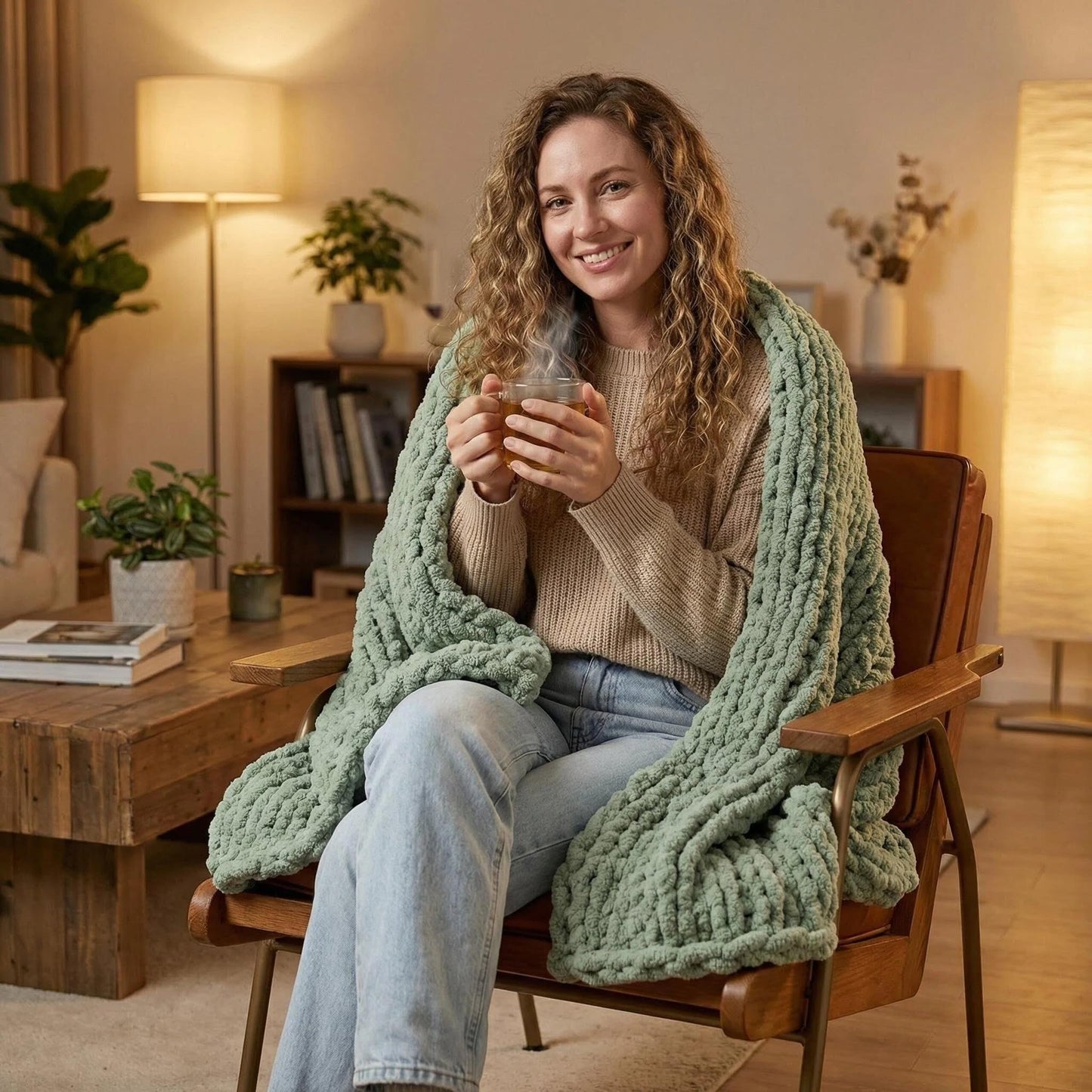 Amélie Home Chunky Knit Throw Blanket for Couch, Soft Chenille Handmade Crochet Throw Rope Knot Blanket for Couch, 50"x60", Space-Dyed Blue Striped