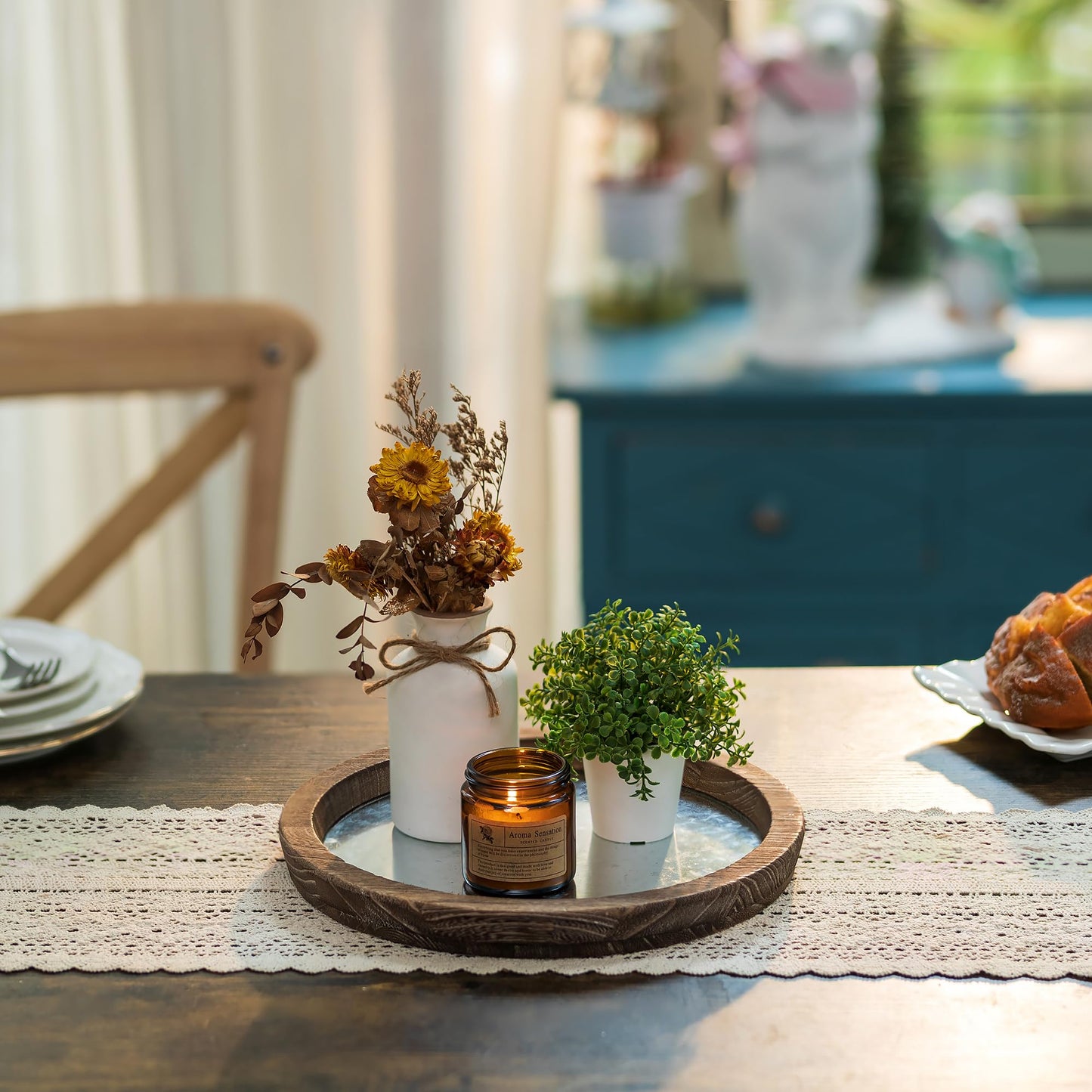 Hanobe Candle Plate Holder Tray: Round Wood Decorative Candle Plate - Rustic Farmhouse CoffeeTable Decor - Tealight Pillar Trays for Home Decor (Distressed)
