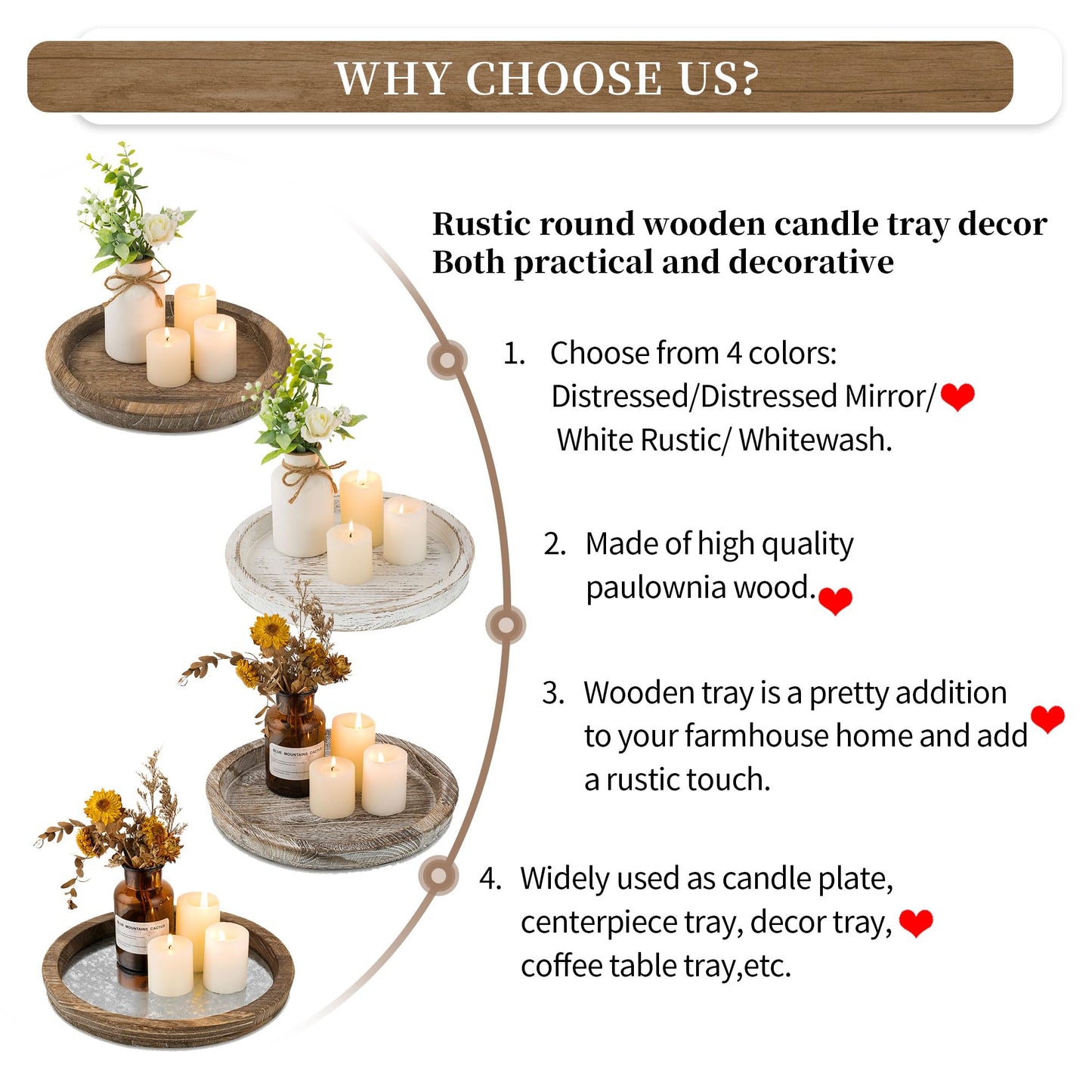 Hanobe Candle Plate Holder Tray: Round Wood Decorative Candle Plate - Rustic Farmhouse CoffeeTable Decor - Tealight Pillar Trays for Home Decor (Distressed)
