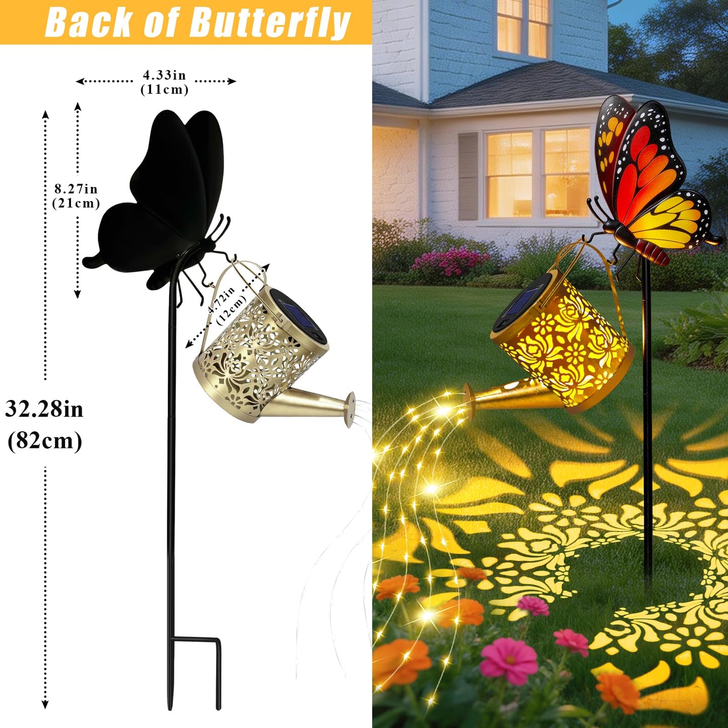Solar Lights Outdoor Decorative, Watering Can with Cascading Lights, with Dog Silhouette Garden Stakes, Gifts for Mom Women, Waterproof Metal Garden Decor for Yard Art, Outside(1 Pack)
