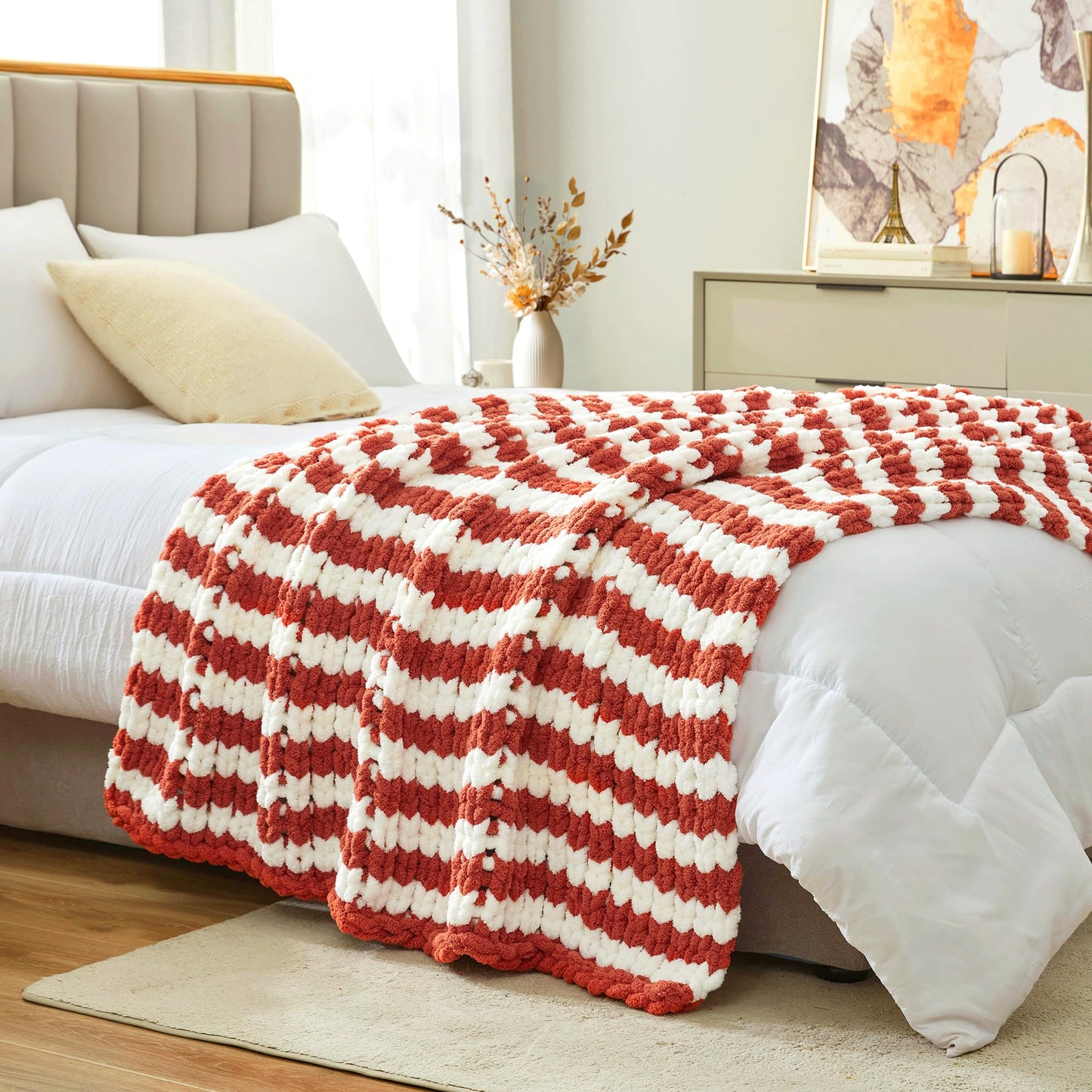 Amélie Home Chunky Knit Throw Blanket for Couch, Soft Chenille Handmade Crochet Throw Rope Knot Blanket for Couch, 50"x60", Space-Dyed Blue Striped