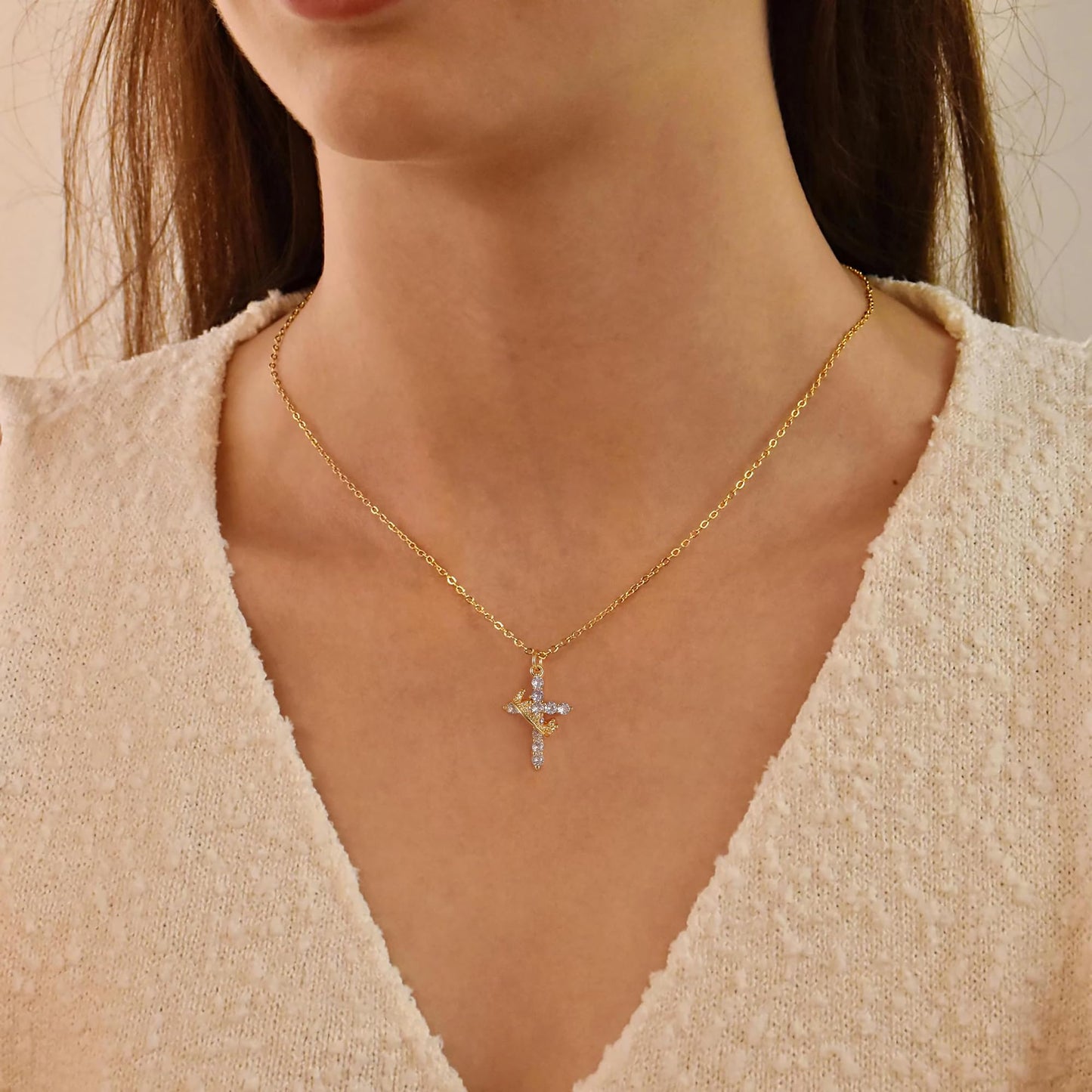 Robaice Cross Necklace for Women, 14K Gold Plated Crown Cross Pendant Necklace, Non-Tarnish Faith Jewelry for Women, Christian Religious Gifts