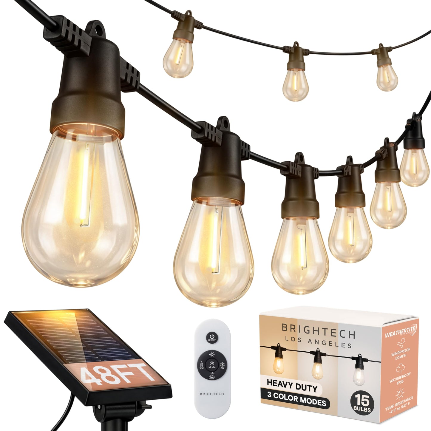 Brightech Ambience Pro Solar Powered Outdoor String Lights -27 ft Commercial Grade Waterproof Edison Patio Lights, Shatterproof LED String Lights for Outside, Porch - 12 Bulbs, 1W Soft White