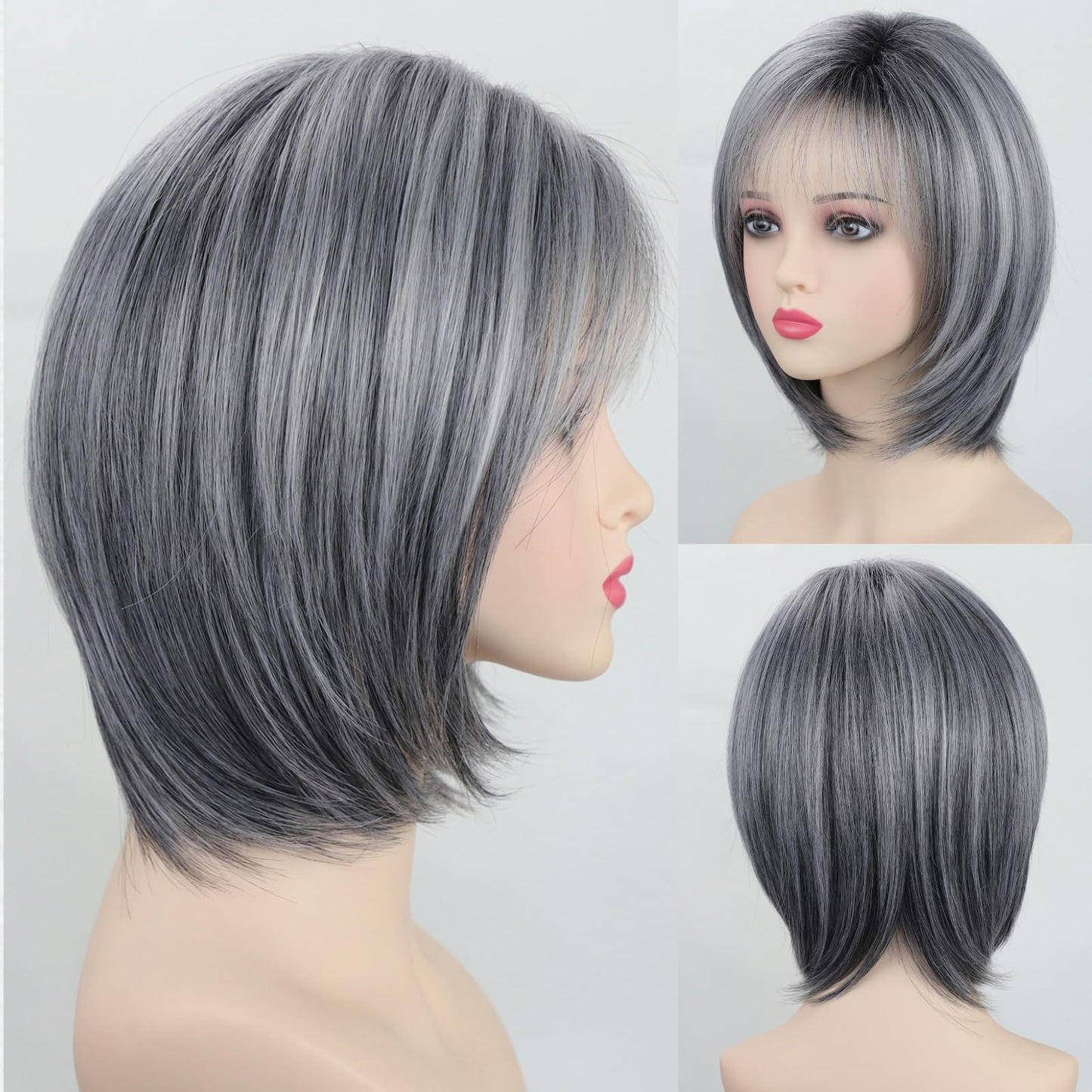 RENERSHOW Medium Length Bob Wigs for White Women Layered Blonde Highlight Straight Pixie Bob Wig with Bangs Heat Synthetic Natural Daily Party Wig 12inch Average Size Wig