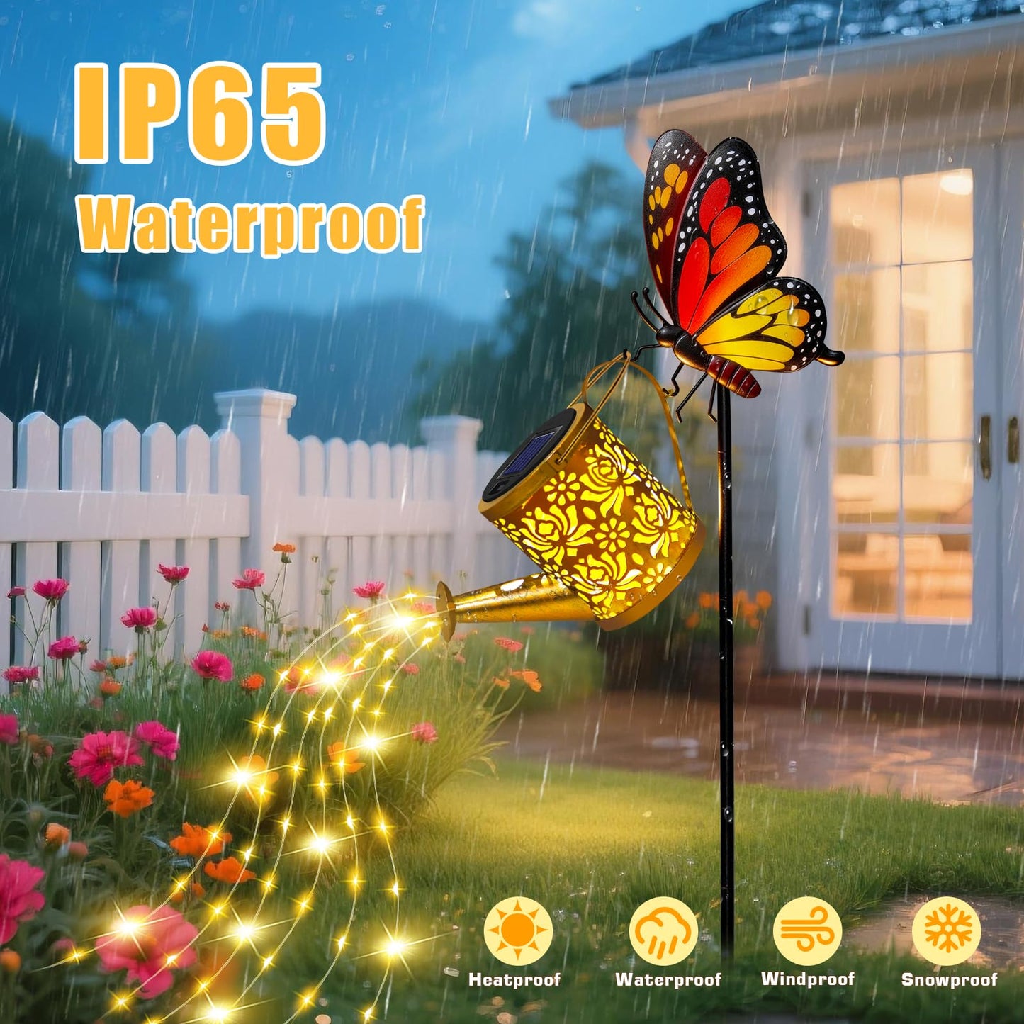 Solar Lights Outdoor Decorative, Watering Can with Cascading Lights, with Dog Silhouette Garden Stakes, Gifts for Mom Women, Waterproof Metal Garden Decor for Yard Art, Outside(1 Pack)