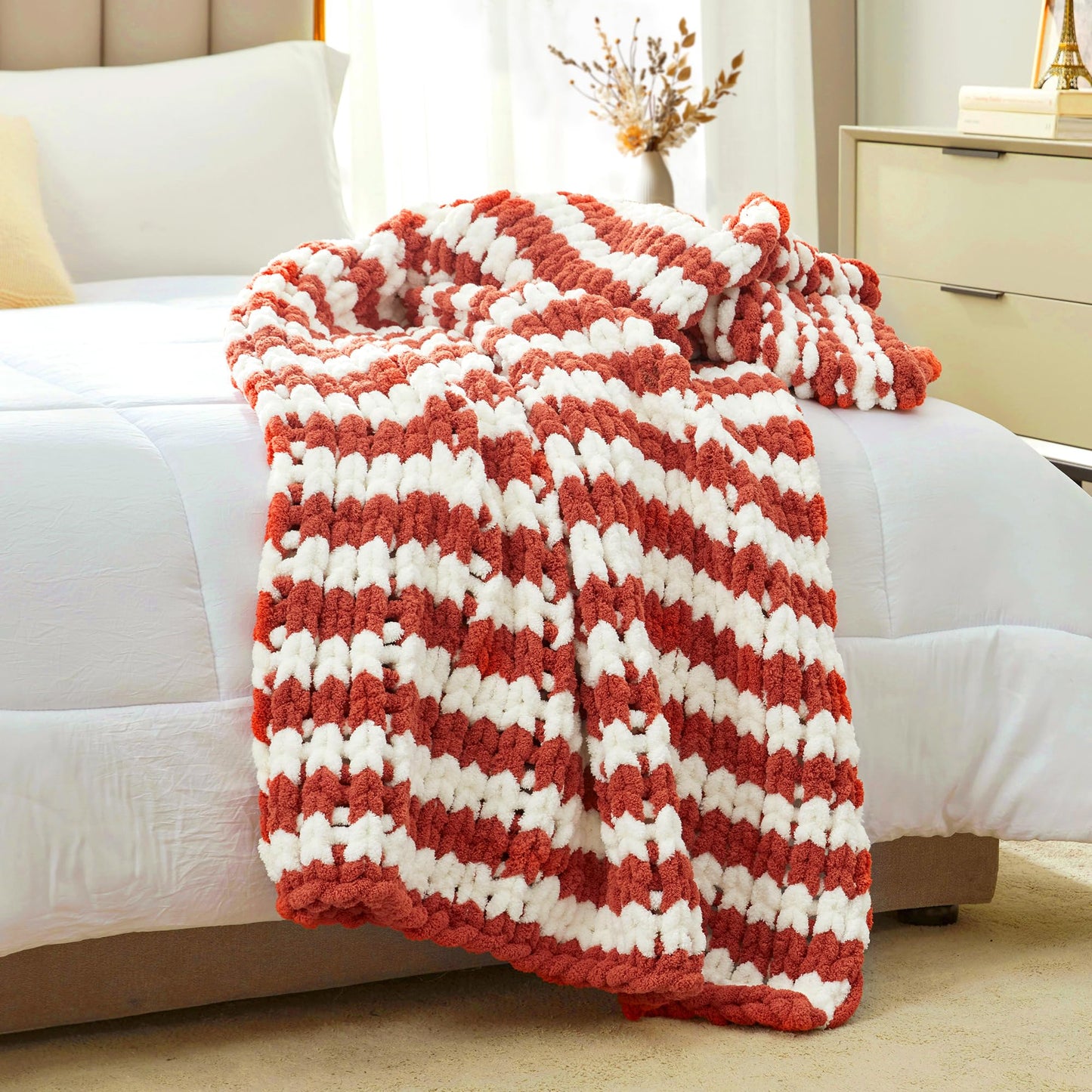 Amélie Home Chunky Knit Throw Blanket for Couch, Soft Chenille Handmade Crochet Throw Rope Knot Blanket for Couch, 50"x60", Space-Dyed Blue Striped