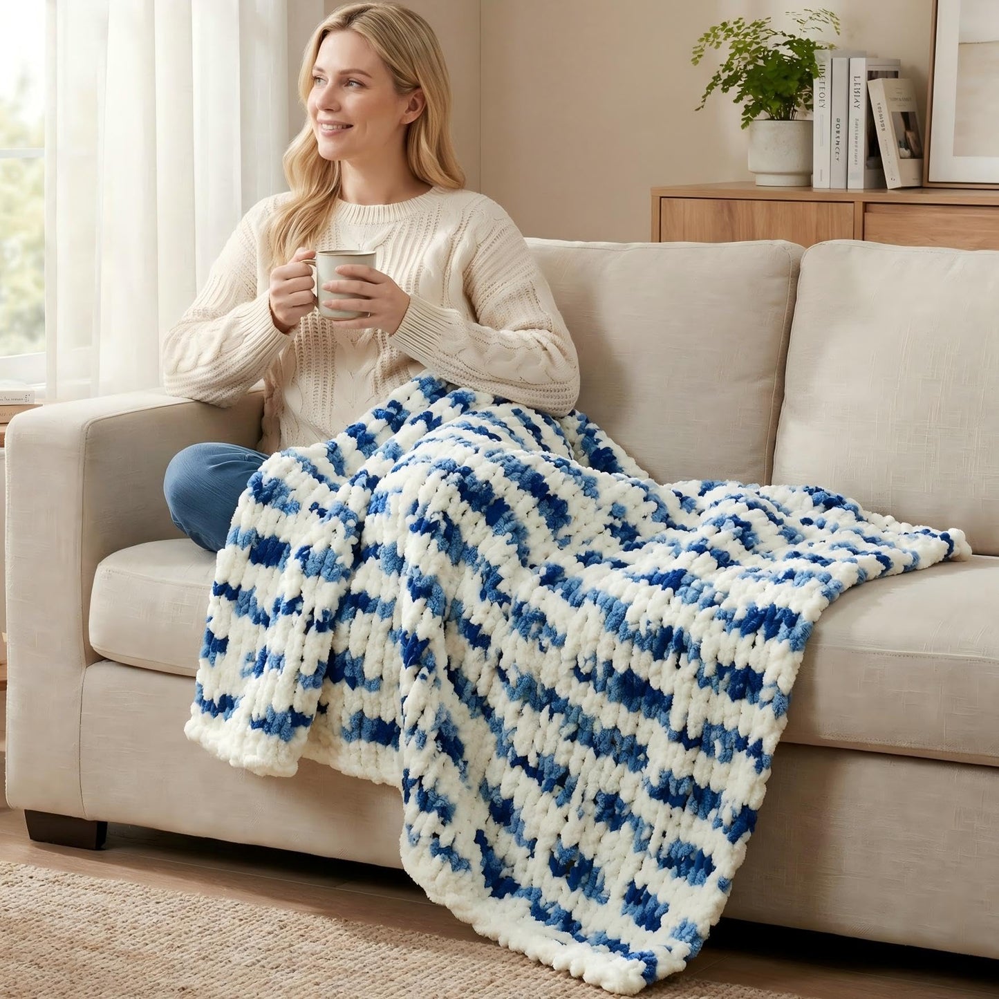 Amélie Home Chunky Knit Throw Blanket for Couch, Soft Chenille Handmade Crochet Throw Rope Knot Blanket for Couch, 50"x60", Space-Dyed Blue Striped