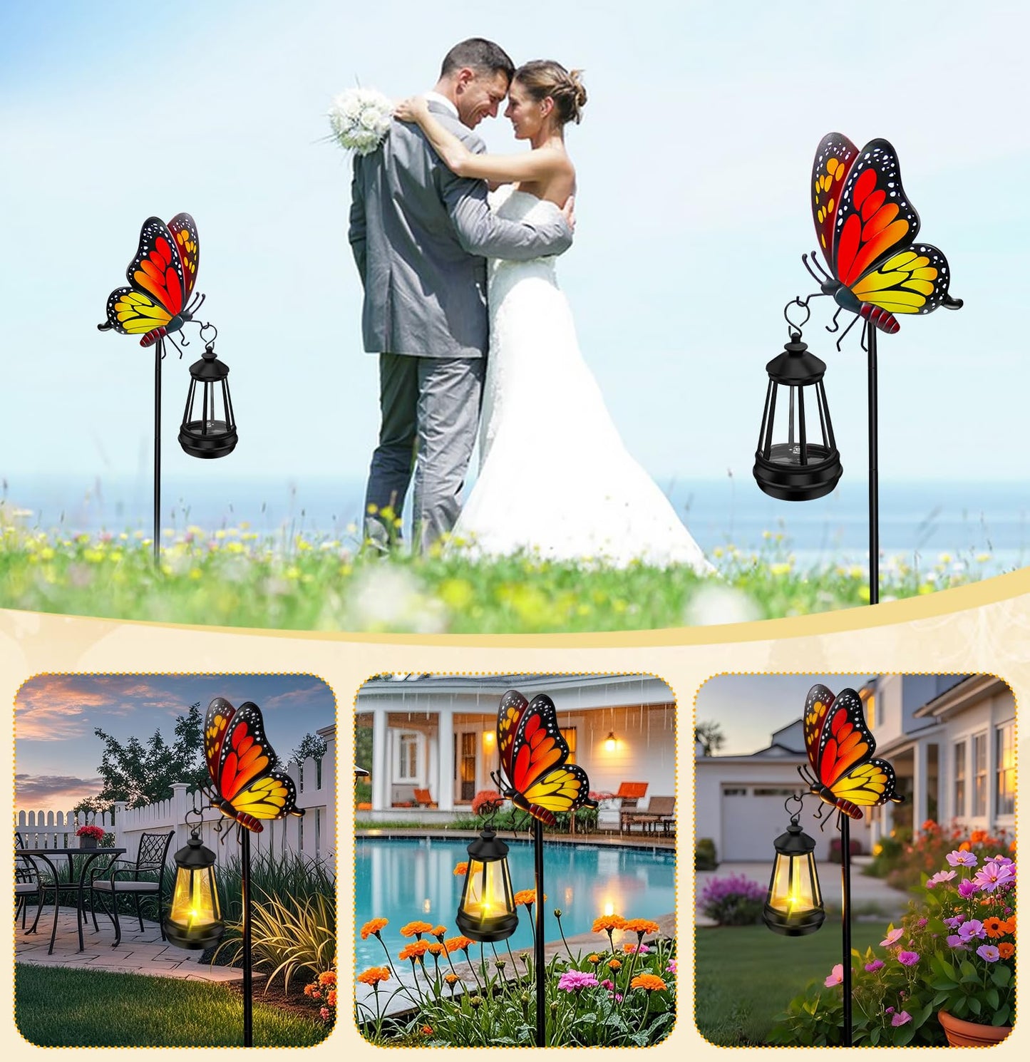 ZFNN Solar Garden Decor Lights Outdoor Waterproof, Metal Butterfly Stakes with Solar Lanterns, Solar Garden Lights for Decorative Yard Art Outside Patio Lawn Ornaments, Gifts for Women Mom