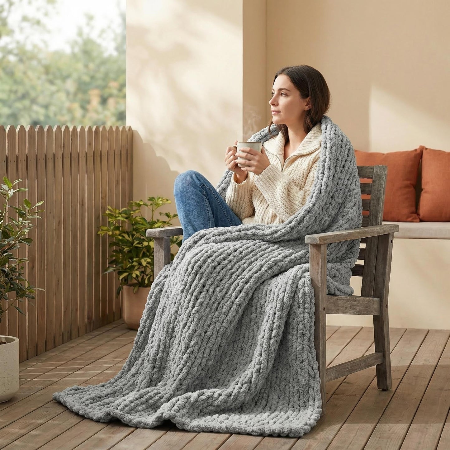 Amélie Home Chunky Knit Throw Blanket for Couch, Soft Chenille Handmade Crochet Throw Rope Knot Blanket for Couch, 50"x60", Space-Dyed Blue Striped
