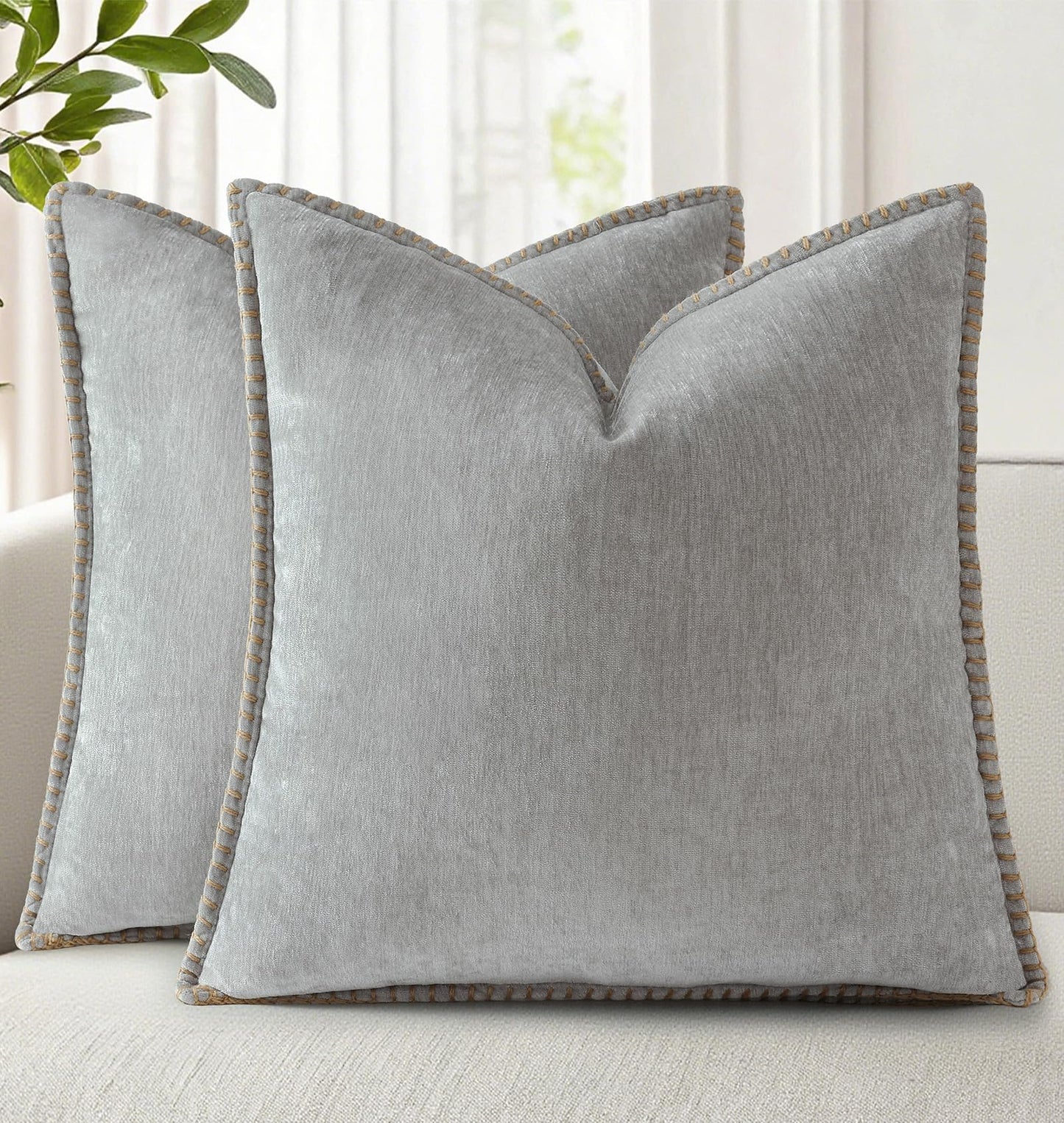 decorUhome Chenille Soft Cozy Throw Pillow Covers 18x18 Set of 2, Modern Farmhouse Boho Velvet Decorative Pillow Cases with Stitched Edge for Couch Sofa Bed Home Decor, Forest Green
