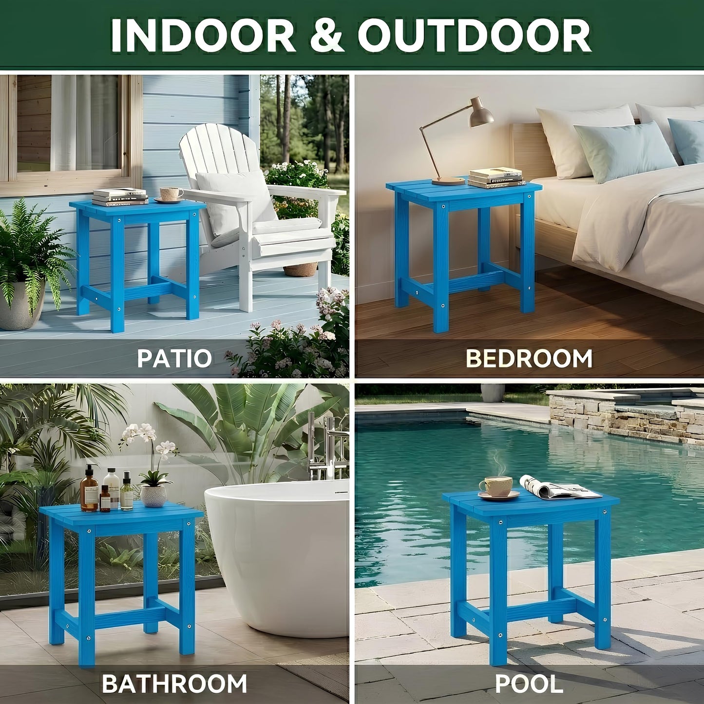 Y&M Adirondack Outdoor Side Table, HIPS Patio End Table, Waterproof Outside Table, Balcony Modern End Tables 23.5" inch Long for Garden, Pool, Beach, Porch, Deck, Indoor or Outdoor Use, Navy Blue