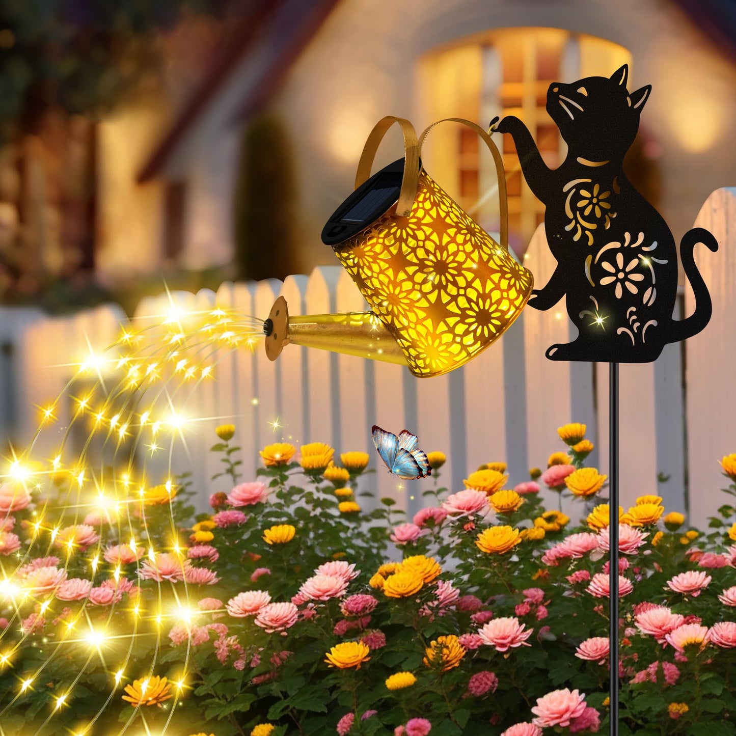 Solar Lights Outdoor Decorative, Watering Can with Cascading Lights, with Dog Silhouette Garden Stakes, Gifts for Mom Women, Waterproof Metal Garden Decor for Yard Art, Outside(1 Pack)