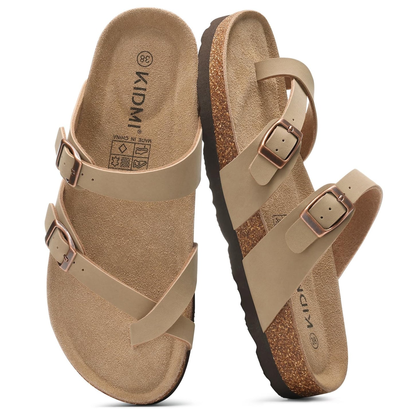 KIDMI Women's Cork Footbed Sandals with Toe Loop, Comfortable Summer Slip-On Slides with Adjustable Buckle