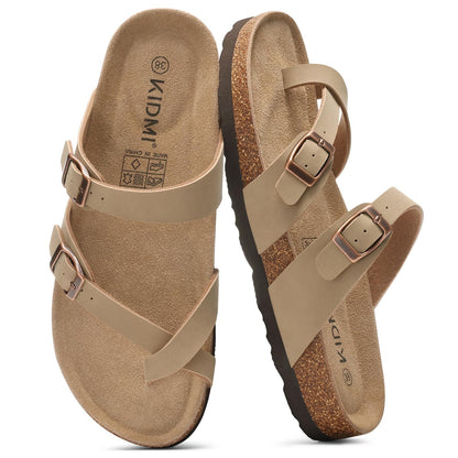 KIDMI Women's Cork Footbed Sandals with Toe Loop, Comfortable Summer Slip-On Slides with Adjustable Buckle