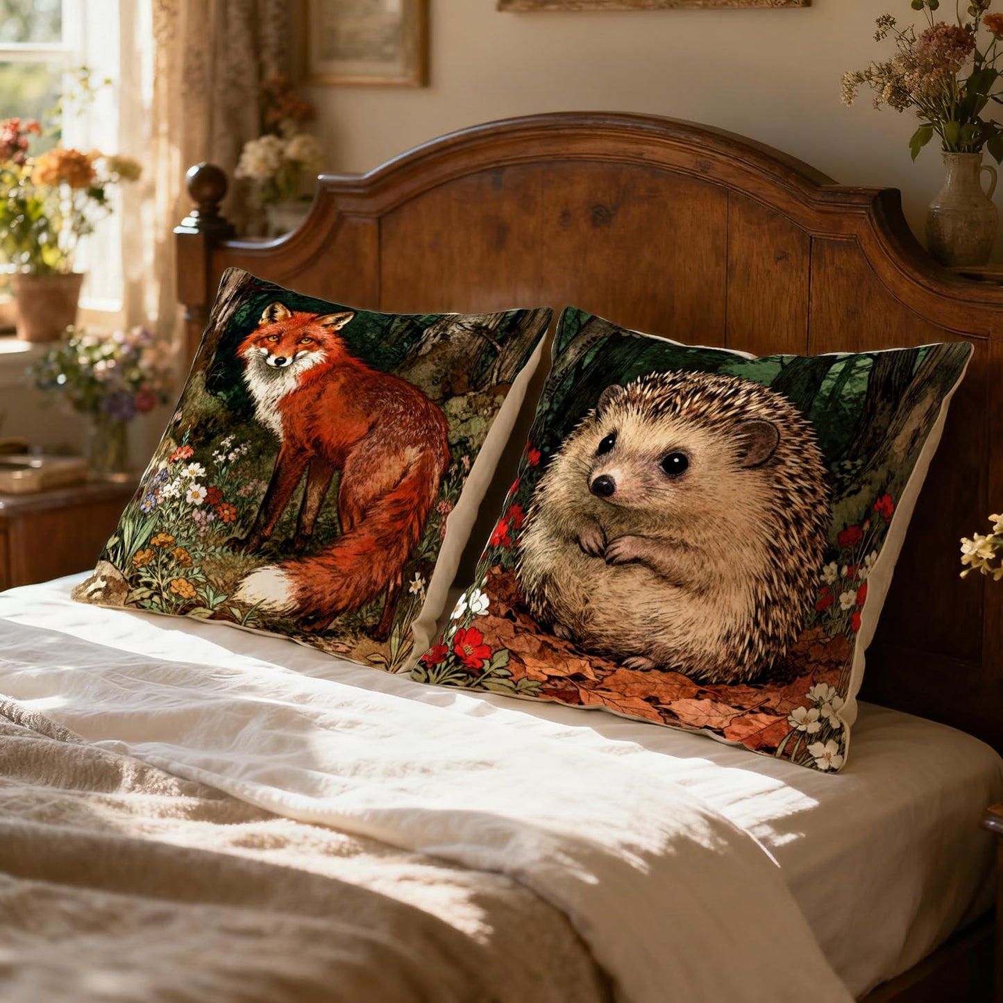 Set of 4 Forest Animals Throw Pillow Covers 18x18 Inch,Deer Fox Rabbit Hedgehog Pillow Covers,Woodland Forest Animal Cushion Case for Outdoor Indoor Living Room Sofa Patio Bedroom Decor