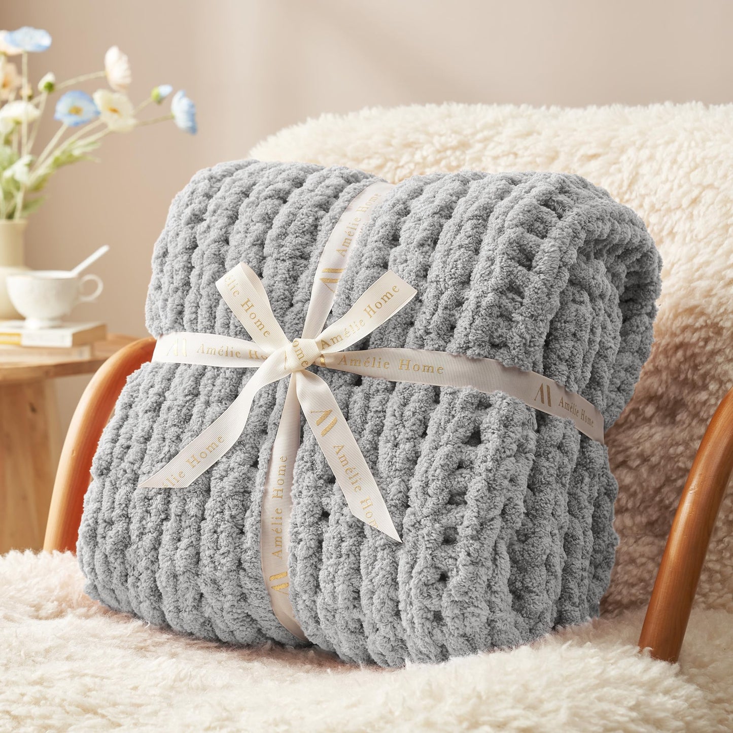 Amélie Home Chunky Knit Throw Blanket for Couch, Soft Chenille Handmade Crochet Throw Rope Knot Blanket for Couch, 50"x60", Space-Dyed Blue Striped