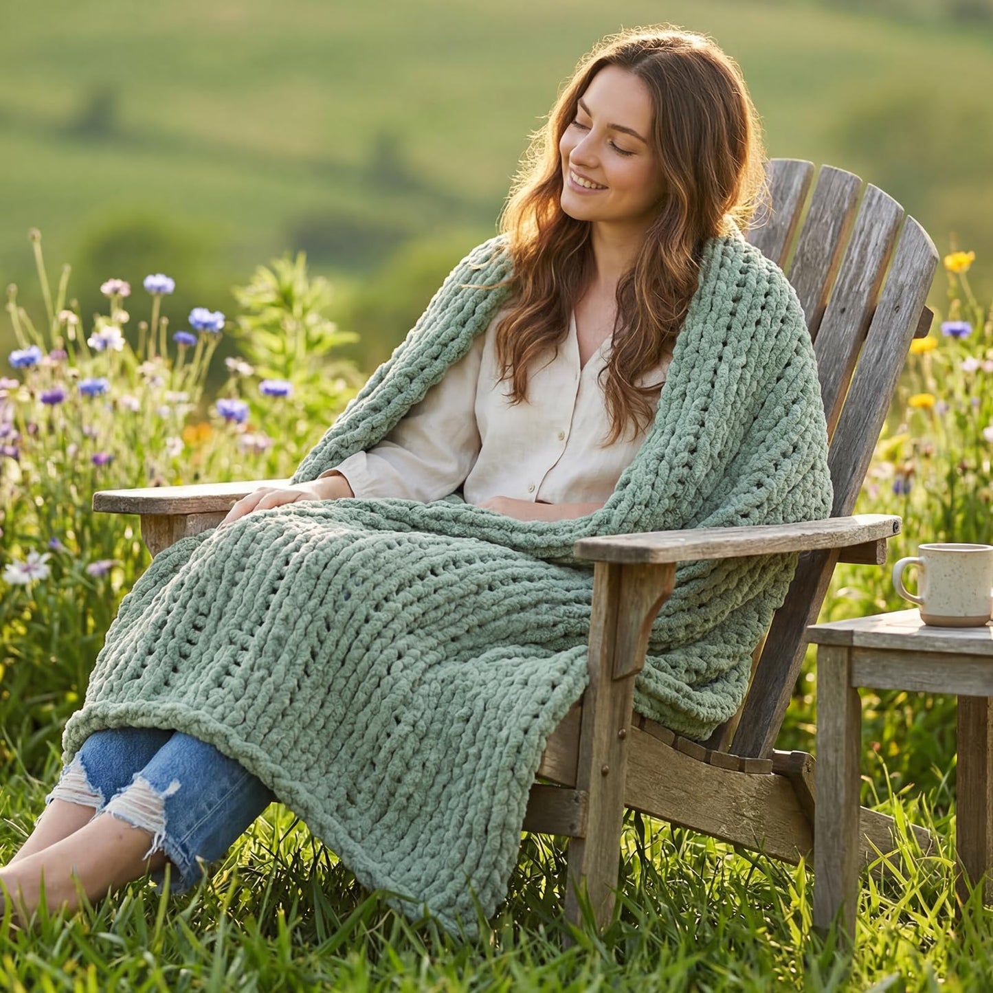 Amélie Home Chunky Knit Throw Blanket for Couch, Soft Chenille Handmade Crochet Throw Rope Knot Blanket for Couch, 50"x60", Space-Dyed Blue Striped