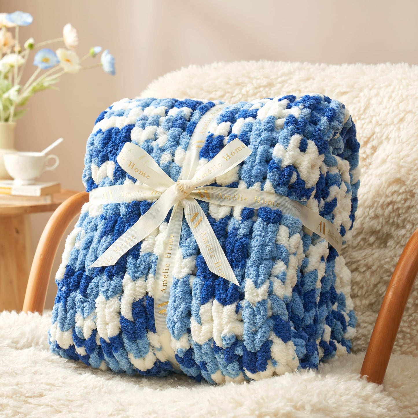 Amélie Home Chunky Knit Throw Blanket for Couch, Soft Chenille Handmade Crochet Throw Rope Knot Blanket for Couch, 50"x60", Space-Dyed Blue Striped