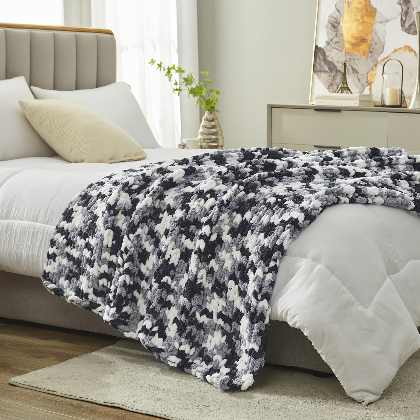 Amélie Home Chunky Knit Throw Blanket for Couch, Soft Chenille Handmade Crochet Throw Rope Knot Blanket for Couch, 50"x60", Space-Dyed Blue Striped