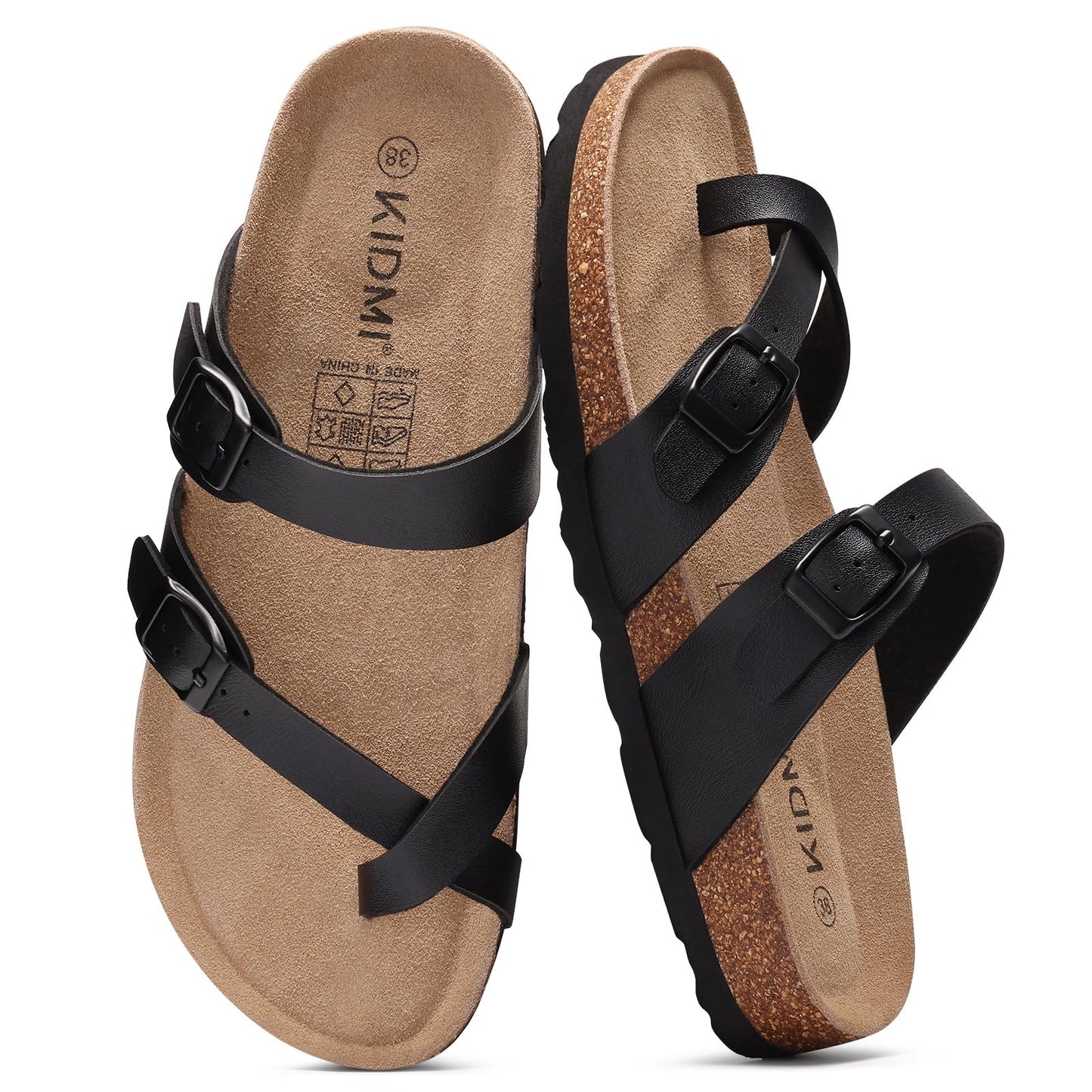 KIDMI Women's Cork Footbed Sandals with Toe Loop, Comfortable Summer Slip-On Slides with Adjustable Buckle