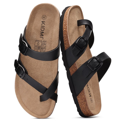 KIDMI Women's Cork Footbed Sandals with Toe Loop, Comfortable Summer Slip-On Slides with Adjustable Buckle