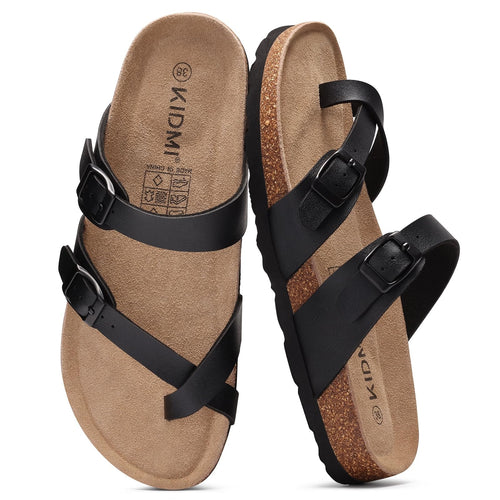 KIDMI Women's Cork Footbed Sandals with Toe Loop, Comfortable Summer Slip-On Slides with Adjustable Buckle