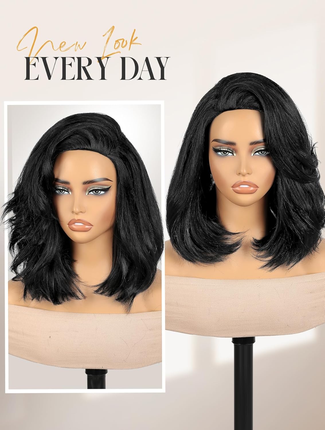 FANCEE Yaki Straight Half Wig Kinky Straight Bob Synthetic Glueless Half Wig 3 in 1 Soft Yaki Texture Bob Wigs Beginner Friendly Everyday Protective Style Natural Silk Press Look