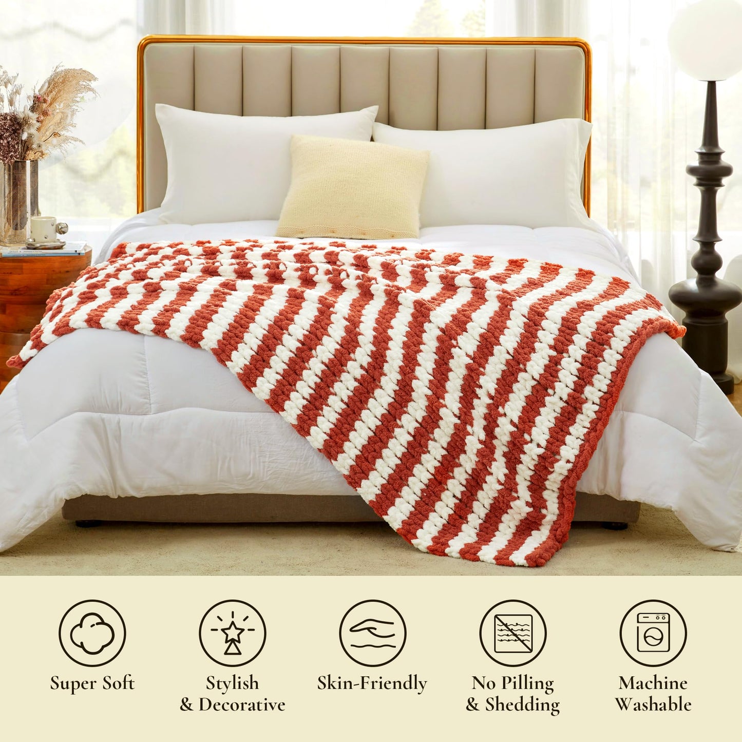 Amélie Home Chunky Knit Throw Blanket for Couch, Soft Chenille Handmade Crochet Throw Rope Knot Blanket for Couch, 50"x60", Space-Dyed Blue Striped