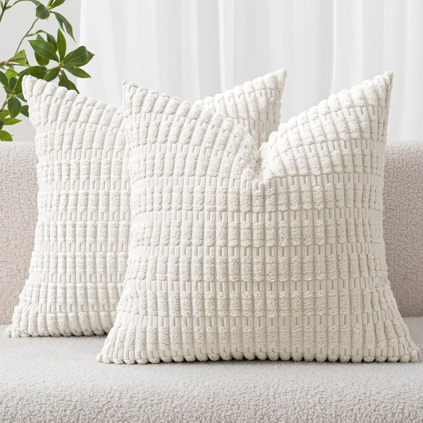 MIULEE Pack of 2 Corduroy Decorative Throw Pillow Covers 18x18 Inch Soft Boho Striped Pillow Covers Modern Farmhouse Home Decor for Sofa Living Room Couch Bed Cream White