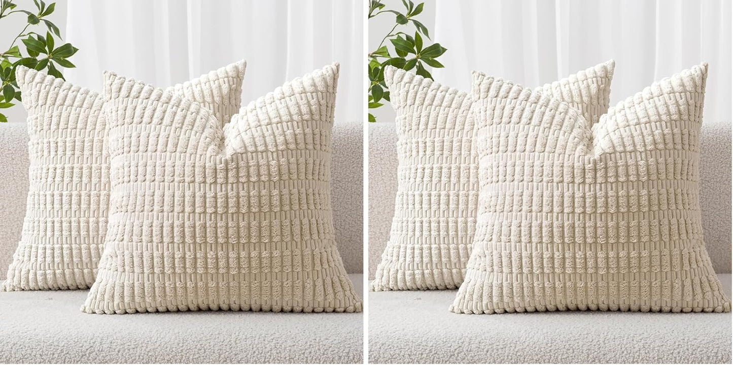 MIULEE Pack of 2 Corduroy Decorative Throw Pillow Covers 18x18 Inch Soft Boho Striped Pillow Covers Modern Farmhouse Home Decor for Sofa Living Room Couch Bed Cream White