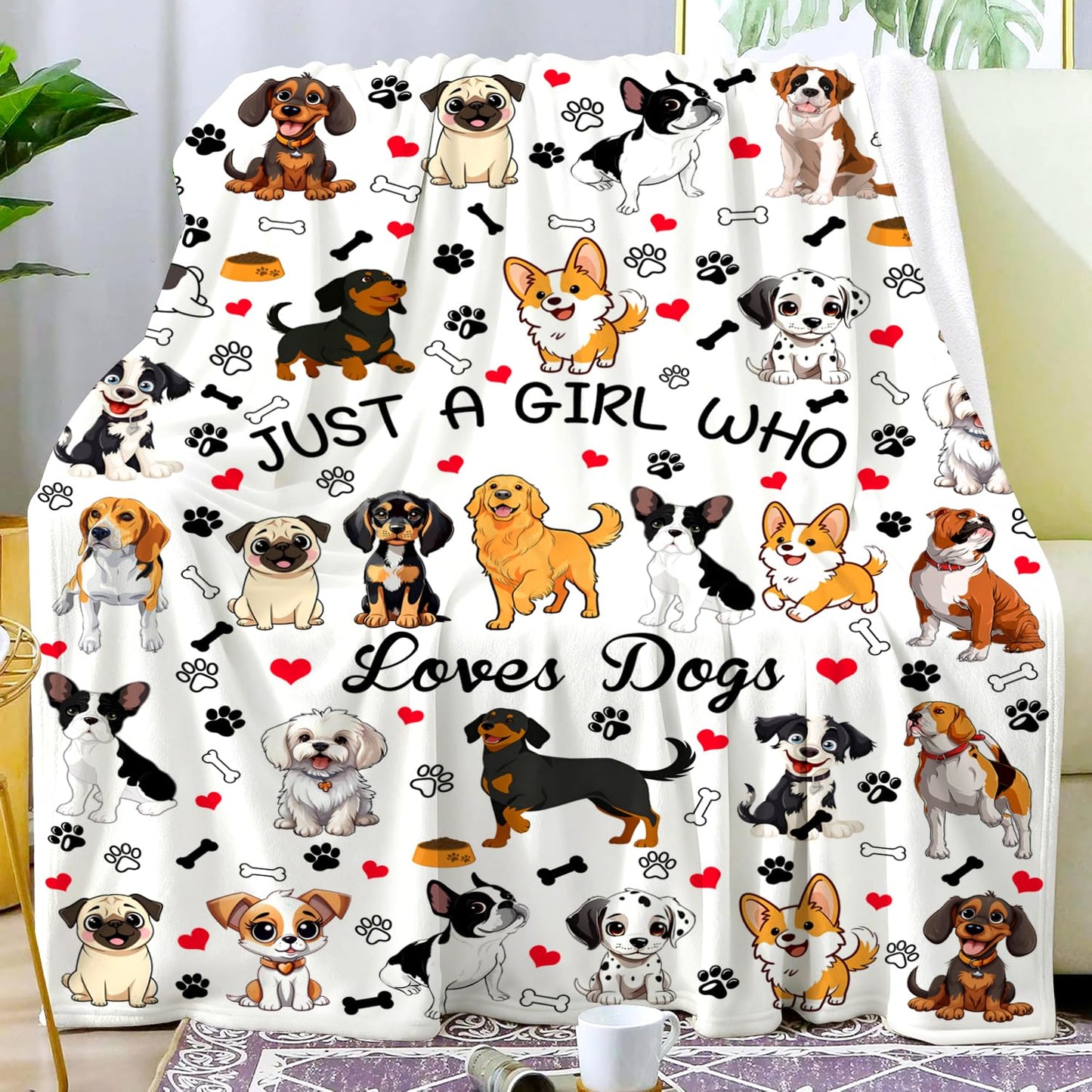 Dog Gifts for Girls Women Puppy Plush Just A Girl Who Loves Dogs Print Throw Blanket Stuff Cute Puppys Themed Dog Blanket for Girls Women Kids Dogs Lovers Birthday Decorations Bed Room Decor 50"X40"