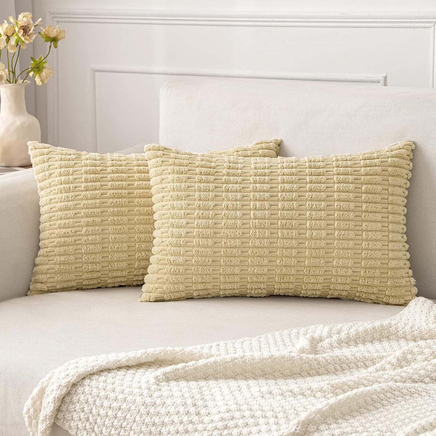 MIULEE Pack of 2 Corduroy Decorative Throw Pillow Covers 18x18 Inch Soft Boho Striped Pillow Covers Modern Farmhouse Home Decor for Sofa Living Room Couch Bed Cream White