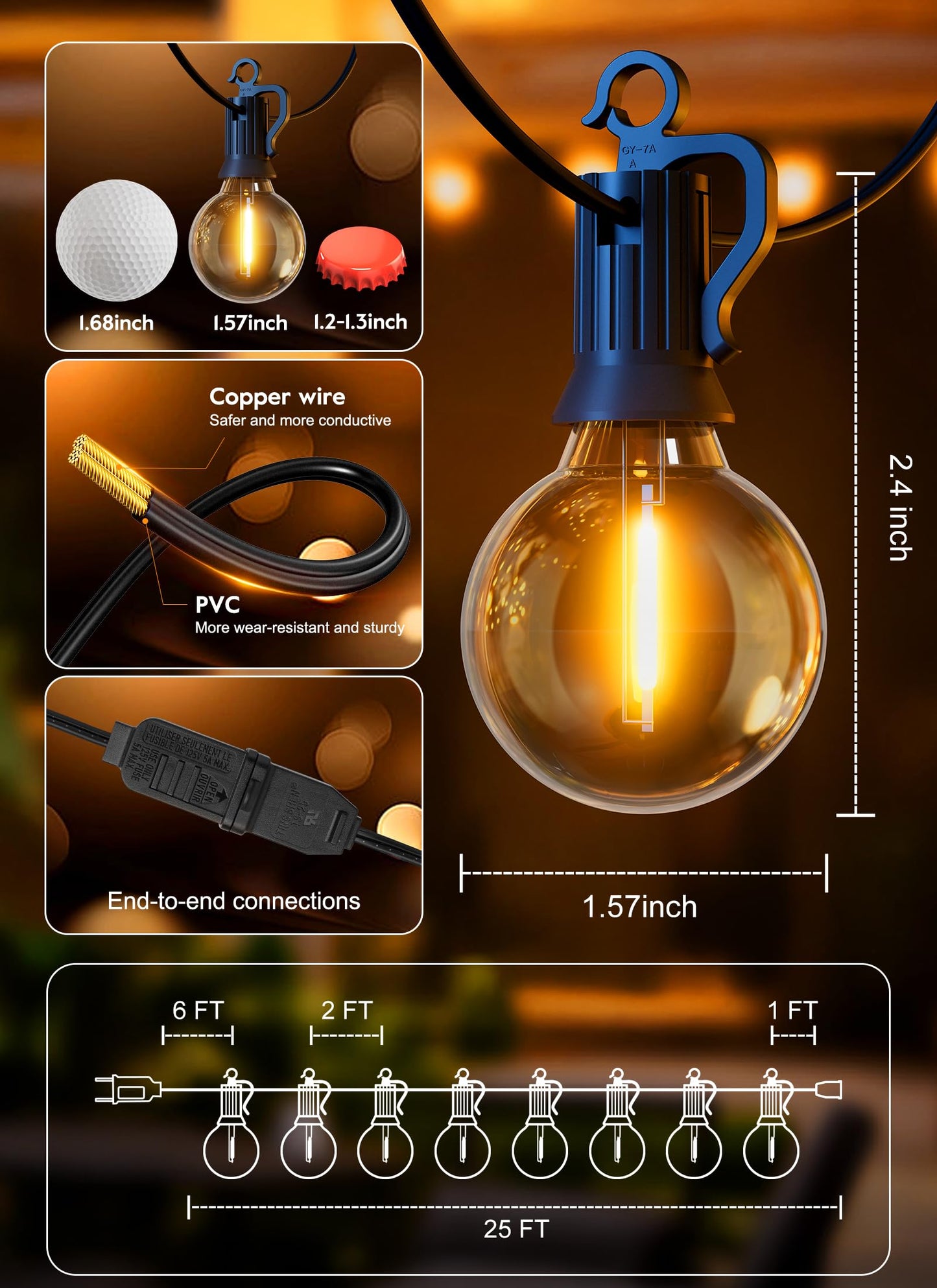 Brightown Outdoor String Lights, 50FT 25 G40 Bulbs Shatterproof Patio Lights, IP65 Waterproof Dimmable Hanging Connectable Globe LED Outdoor Lights for Backyard, Bistro, Porch, Deck, Balcony